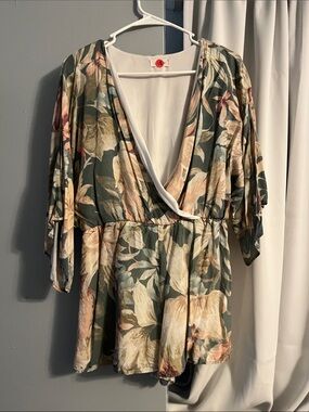 Floral V-Neck Surplice Romper in Olive and Cream